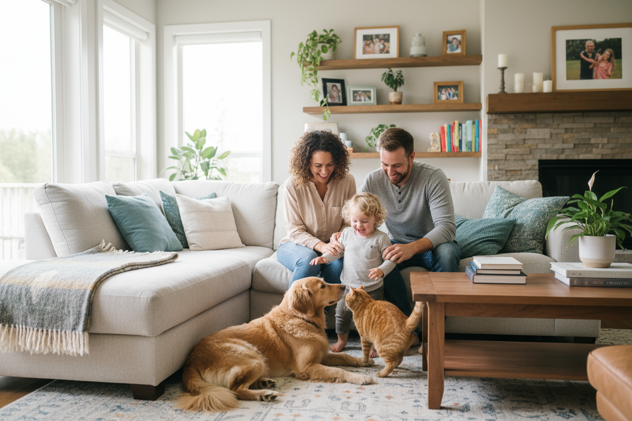 an image of 2 parents smiling with their toddler and pets inside of a living room