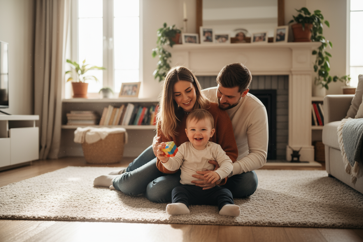 an image of parents taking care of their baby toddler, who seems happy and inside of their home