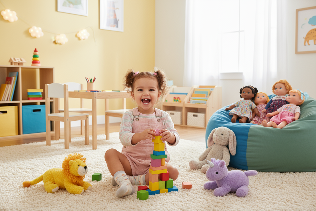 an image of playful girl toddler playing with her toys in her room. 