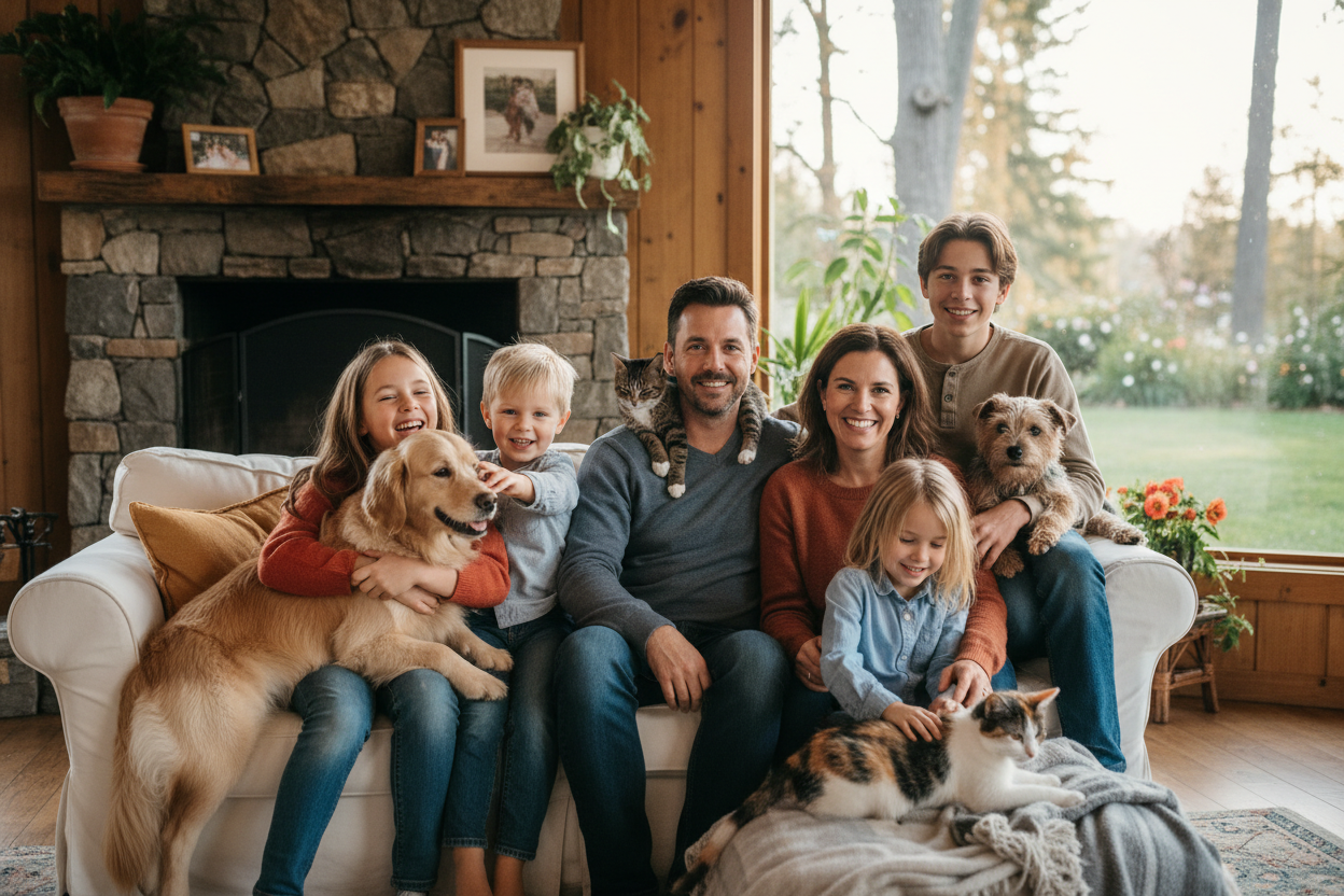 create an image of a family, man and woman, with their children and pets. 
