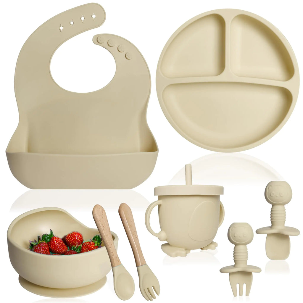 Bluet B Silicone Baby Feeding Set – 8pcs Baby Utensils & Suction Bowls – Beige